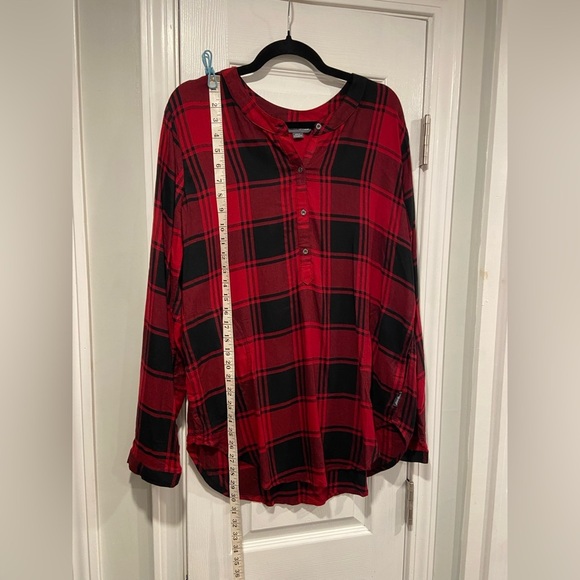 NWT Eddie Bauer Size L Red Black Soft Plaid Flannel Button Collarless Tunic Top - Picture 10 of 15
